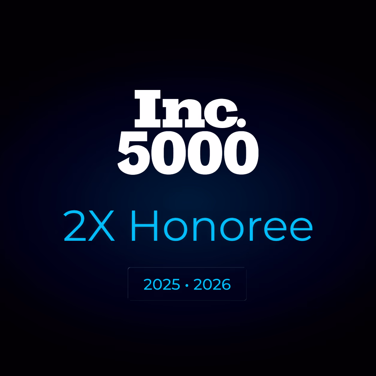 Inc. 5000 logo above the words 2X Honoree, 2025 and 2026