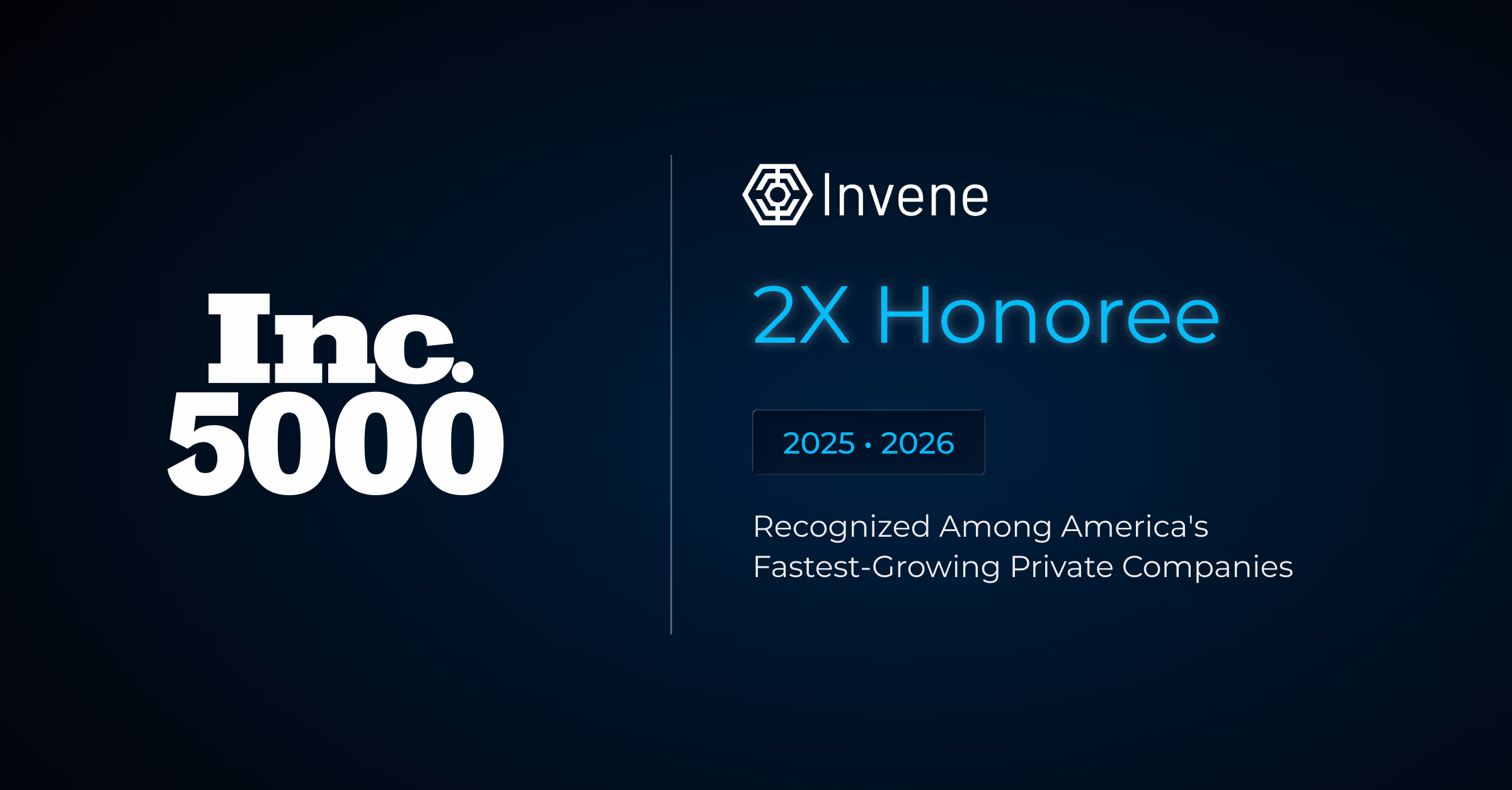 Inc. 5000 logo beside the Invene logo and the words 2X Honoree, 2025 and 2026, recognized among America's fastest-growing private companies.