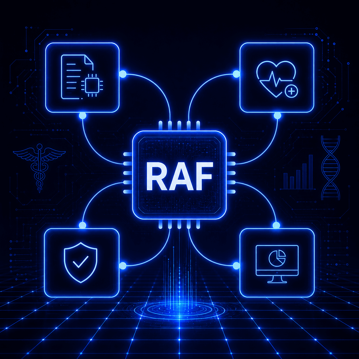 A dark navy circuit-board illustration with a glowing chip labelled RAF at its centre, wired to four icons: a coded document, a heart with an ECG trace, a shield with a checkmark, and a monitor showing a pie chart.